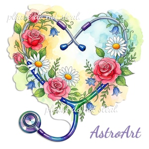 Floral Stethoscope PNG for Nurse Gift, RN | Watercolor Sublimation Design for Tumbler, Shirt | Medical Clipart | Instant Digital Download