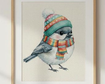 Winter Chickadee Cross Stitch Pattern, Beginner Embroidery (PDF Download)