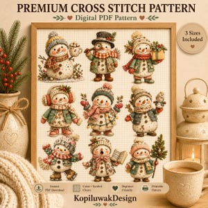 Può includere: Uno schema digitale a punto croce con nove illustrazioni di pupazzi di neve. Il testo recita PREMIUM CROSS STITCH PATTERN, Digital PDF Pattern, 3 Sizes Included e KopiluwakDesign. I pupazzi di neve indossano abiti invernali come sciarpe e cappelli.