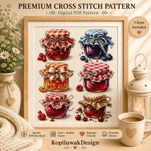 May include: A digital cross stitch pattern featuring six glass jars filled with various fruits and jams, each topped with a fabric cover. The design includes red, blue, and orange fruit motifs, with text reading PREMIUM CROSS STITCH PATTERN.