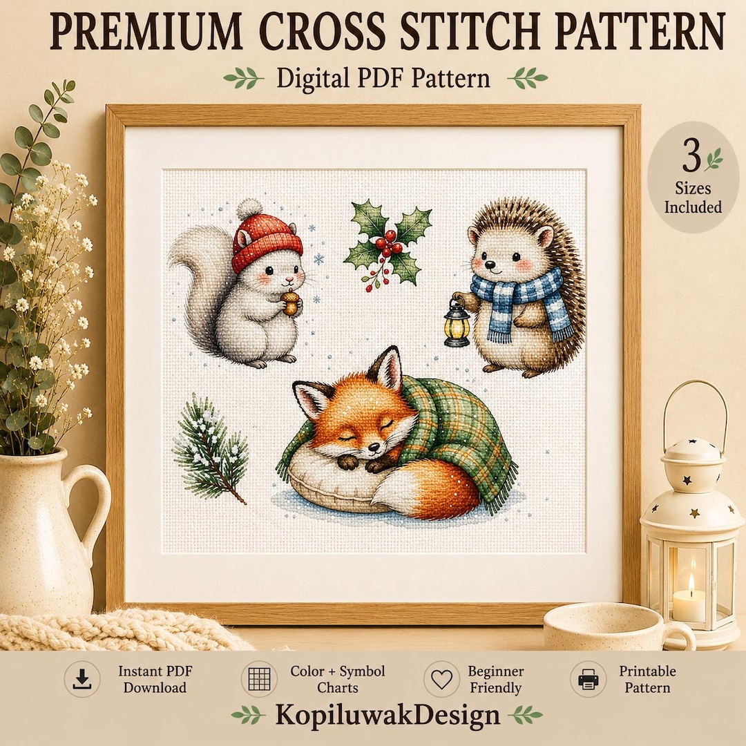 Cozy Winter Fox Cross Stitch Pattern, Woodland Animals Embroidery Chart ...