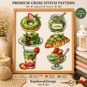 Puede incluir: Un patrón de punto de cruz titulado Premium Cross Stitch Pattern que presenta seis ilustraciones de alimentos con temática de matcha y fresa, incluyendo un dónut, un tarro de matcha, pasteles cuadrados, un cruasán, una bebida y un helado.