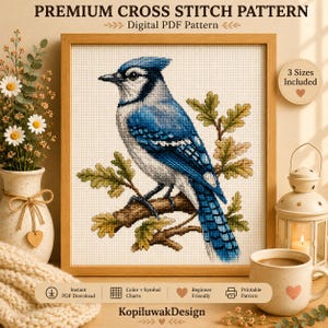 May include: A digital PDF cross stitch pattern featuring a blue jay perched on an oak branch. The text reads PREMIUM CROSS STITCH PATTERN, Digital PDF Pattern, 3 Sizes Included, Color + Symbol Charts, Beginner Friendly, Printable Pattern, KopiluwakDesign.