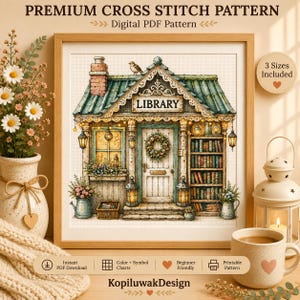Little Free Library Cross Stitch Pattern, Cozy Cottage Embroidery (PDF Download)