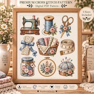 Vintage Sewing Cross Stitch Pattern, Embroidery PDF (3 Sizes + 3 Bonus Patterns)