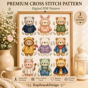 Könnte beinhalten: Ein digitales Kreuzstichmuster mit neun illustrierten Teddybären in verschiedenen Outfits, darunter ein Matrosenanzug, Kapuzenpullover, Weste, Regenmantel, Kochuniform und Krone. Der Text lautet PREMIUM CROSS STITCH PATTERN, Digital PDF Pattern, 3 Sizes Included, Instant PDF Download, Color + Symbol Charts, Beginner Friendly, Printable Pattern und KopiluwakDesign.