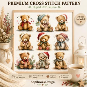 Op de afbeelding: Een digitaal PDF-kruissteekpatroon getiteld PREMIUM CROSS STITCH PATTERN met negen illustraties van bruine teddyberen met verschillende wintermutsen en sjaals, inclusief de tekst 3 Sizes Included en KopiluwakDesign.