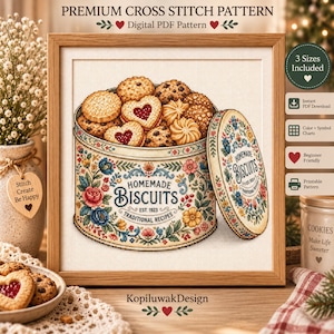 May include: A cross stitch pattern featuring a round tin filled with assorted biscuits. The tin is decorated with colourful floral motifs and the text 'HOMEMADE BISCUITS EST. 1923 TRADITIONAL RECIPES'. The lid is leaning against the tin.