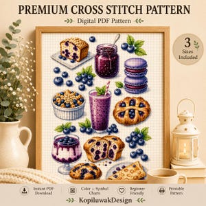 Op de afbeelding: Een ingelijst kruissteekpatroon met blauwe bessen lekkernijen, zoals cake, jam en macarons. De tekst "PREMIUM CROSS STITCH PATTERN" en "Digital PDF Pattern" staan bovenaan. Inclusief "3 Sizes Included" en "Instant PDF Download".