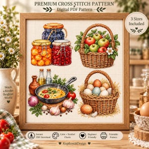 Op de afbeelding: Een digitaal kruissteekpatroon met vier illustraties: potten met ingemaakt fruit, een gevlochten mand met appels, een koekenpan met eieren en groenten, en een mand met eieren. De tekst luidt Premium Cross Stitch Pattern, Digital PDF Pattern, 3 Sizes Included en KopiluwakDesign.