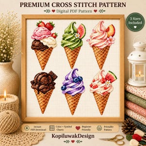 Könnte beinhalten: Ein gerahmtes Kreuzstichmuster mit dem Titel PREMIUM CROSS STITCH PATTERN, das sechs Eiswaffeln mit verschiedenen Belägen wie Erdbeeren, Wassermelone, Pfirsichen, Schokolade, Blaubeeren und Kirschen zeigt, mit Text, der auf ein digitales PDF-Muster hinweist.