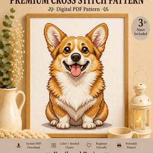 May include: A digital PDF cross stitch pattern featuring a tan and white Corgi dog with a happy expression, tongue out, and large ears. The text reads PREMIUM CROSS STITCH PATTERN, Digital PDF Pattern, 3 Sizes Included, and KopiluwakDesign.