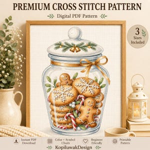 Puede incluir: Un patrón de punto de cruz digital que muestra un frasco de vidrio lleno de galletas de jengibre, bastones de caramelo y ramitas verdes. La tapa está decorada con ramas de pino y campanas doradas. El texto dice PREMIUM CROSS STITCH PATTERN, Digital PDF Pattern, 3 Sizes Included, Instant PDF Download, Color + Symbol Charts, Beginner Friendly, Printable Pattern y KopiluwakDesign.