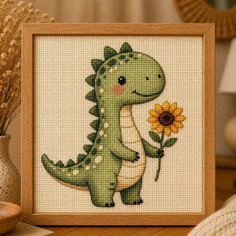 Dinosaur Sunflower Cross Stitch Pattern, Baby Dino Embroidery Chart ...