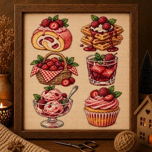 Raspberry Dessert Cross Stitch Pattern, Berry Embroidery PDF (3 Sizes ...