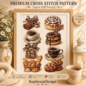 May include: A digital cross stitch pattern titled Premium Cross Stitch Pattern featuring illustrations of cinnamon rolls, coffee cups, chocolate donuts, a jar of cookies, and a bread basket. The design includes text indicating 3 sizes included.