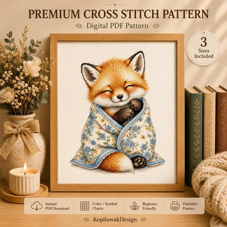 Cozy Sleeping Fox Cross Stitch Pattern, Woodland Nursery Wall Art (PDF ...