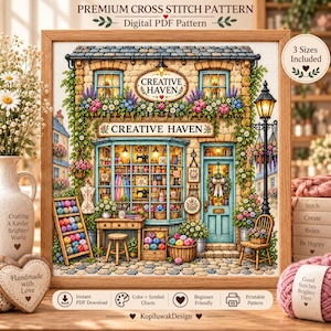 May include: A digital cross stitch pattern featuring a detailed storefront named Creative Haven, decorated with flowers, a lamp post, and craft supplies. The image includes text labels for 3 sizes, instant PDF download, and beginner friendly features.