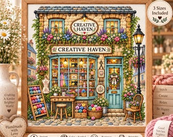 May include: A digital cross stitch pattern featuring a detailed storefront named Creative Haven, decorated with flowers, a lamp post, and craft supplies. The image includes text labels for 3 sizes, instant PDF download, and beginner friendly features.