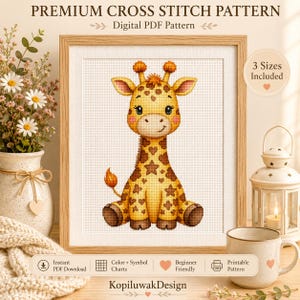 Pode incluir: Um padrão digital de ponto cruz apresentando uma girafa amarela com manchas castanhas em forma de corações e estrelas. A obra emoldurada exibe o texto PREMIUM CROSS STITCH PATTERN, Digital PDF Pattern, 3 Sizes Included e KopiluwakDesign.