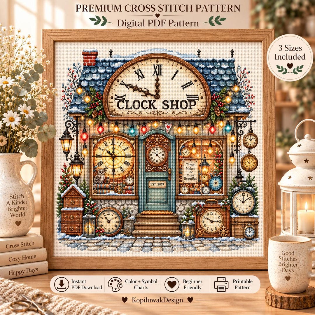 Pattern Retro Clock Clock Shop Cross Stitch Pattern, Vintage Embroidery PDF (3 Sizes + 3 ...