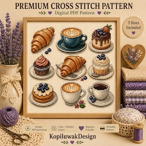 May include: A cross stitch pattern featuring a grid of nine illustrations including croissants, coffee cups with latte art, a chocolate cake, and berry-topped desserts. The design is presented in a wooden frame with text reading Premium Cross Stitch Pattern.