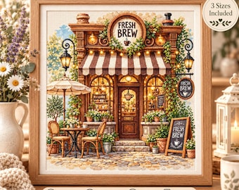 May include: A cross stitch pattern featuring a coffee shop named Fresh Brew with a brown and white striped awning, outdoor seating, hanging lanterns, and potted plants. The design includes a chalkboard sign and a circular sign with the text Fresh Brew.