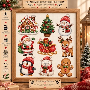 Christmas Cross Stitch Pattern Bundle, Santa, Snowman, Reindeer, Gingerbread (Digital PDF)