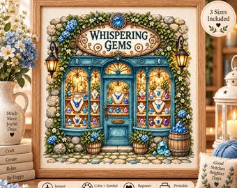 May include: A digital cross stitch pattern titled Whispering Gems featuring a blue storefront with stone walls, hanging lanterns, and jewelry displays. The design includes text, floral accents, and a barrel of blue crystals, presented as a framed piece.