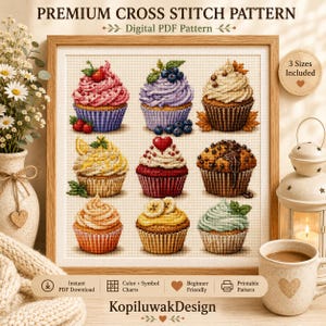 Korsstygnsmönster för cupcakes, dessertbroderi, bageridekor (digital PDF)