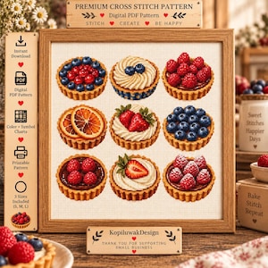 Può includere: Uno schema a punto croce con nove crostatine di frutta disposte a griglia. Le crostatine includono mirtilli, lamponi, fette d'arancia e fragole con panna. Il disegno è incorniciato in legno con etichette di testo per un modello PDF digitale.