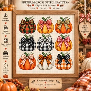 Puede incluir: Un patrón de punto de cruz con nueve calabazas en cuadrícula, cada una decorada con un lazo estampado único. Las calabazas muestran varios colores incluyendo naranja, blanco y negro, con lazos de cuadros, lunares y vichy. El texto incluye Premium Cross Stitch Pattern, Digital PDF Pattern, Stitch, Create, Be Happy y KopiluwakDesign.