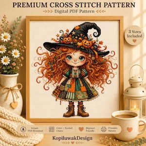 Könnte beinhalten: Ein digitales PDF-Kreuzstichmuster mit einer Illustration eines Mädchens mit langem, lockigem rotem Haar, das einen mit Kürbissen und Sternen verzierten Hexenhut trägt, bekleidet mit einem Patchwork-Kleid und braunen Stiefeln, mit dem Text PREMIUM CROSS STITCH PATTERN.