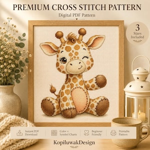 May include: A digital PDF cross stitch pattern featuring a cute giraffe illustration. The text reads PREMIUM CROSS STITCH PATTERN, Digital PDF Pattern, 3 Sizes Included, Instant PDF Download, Color + Symbol Charts, Beginner Friendly, Printable Pattern, and KopiluwakDesign.