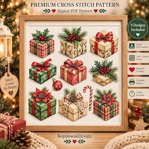 Può includere: Uno schema digitale a punto croce intitolato PREMIUM CROSS STITCH PATTERN che presenta nove scatole regalo di Natale illustrate decorate con agrifoglio, stelle di Natale, rami di pino e nastri. Include il testo 9 Designs Included.