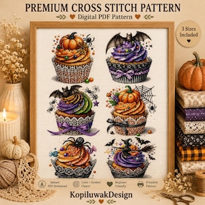 May include: A digital cross stitch pattern featuring six Halloween-themed cupcakes with orange, purple, and black frosting, decorated with bats, spiders, pumpkins, and a witch. The text reads PREMIUM CROSS STITCH PATTERN, Digital PDF Pattern, 3 Sizes Included, and KopiluwakDesign.