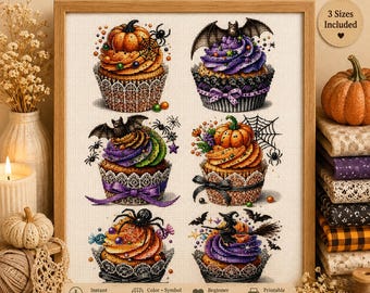 Halloween Cupcake Cross Stitch Pattern, Spooky Pumpkin Dessert Embroidery (PDF Download)