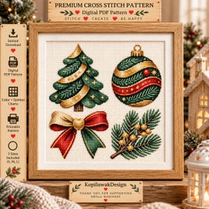 May include: A cross stitch pattern featuring a Christmas tree, a round ornament, a bow, and a pine branch with berries. The text reads PREMIUM CROSS STITCH PATTERN, Digital PDF Pattern, STITCH CREATE BE HAPPY, Instant Download, and KopiluwakDesign.