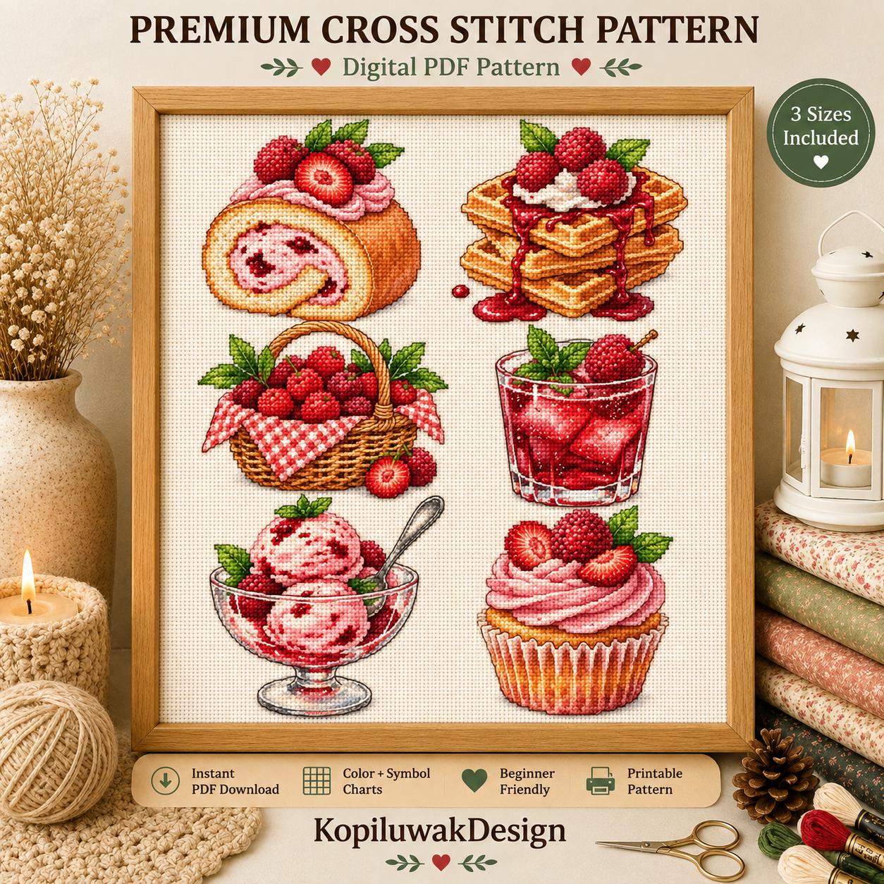 Raspberry Dessert Cross Stitch Pattern, Berry Embroidery PDF (3 Sizes ...