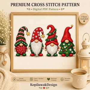 May include: A digital cross stitch pattern featuring four gnomes in festive holiday attire. The gnomes wear red and green hats with star, snowflake, and garland details. The design includes the text Premium Cross Stitch Pattern and Digital PDF Pattern, with a small circular badge indicating 3 Sizes Included. The gnomes have white beards and round noses, set against a light grid background.