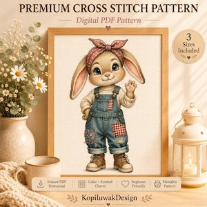 Schema per punto croce con coniglietto patchwork, design per ricamo in stile cottagecore, decorazione per la cameretta (download in PDF)