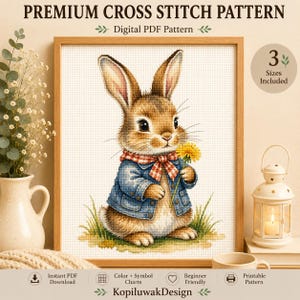 Puede incluir: Un patrón de punto de cruz en PDF digital que muestra un conejo marrón con una chaqueta vaquera azul y una bufanda de cuadros rojos y blancos, sosteniendo un diente de león amarillo. El texto dice PREMIUM CROSS STITCH PATTERN, Digital PDF Pattern.