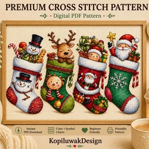 Christmas Stockings Cross Stitch Pattern, Santa Snowman Reindeer Elves (Digital PDF Download)