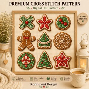 May include: A digital cross stitch pattern featuring nine festive holiday cookies including a gingerbread person, Christmas trees, stars, and circular ornaments in red, green, and brown. The design includes text stating Premium Cross Stitch Pattern, Digital PDF Pattern, and KopiluwakDesign.