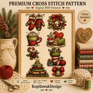 Puede incluir: Un patrón de punto de cruz digital titulado Premium Cross Stitch Pattern con iconos festivos que incluyen manoplas, una corona, una taza, corazones, un bastón de caramelo, un árbol de Navidad, un calcetín y una campana, con 3 tamaños incluidos.