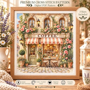 Rose Coffee Shop Cross Stitch Pattern, Floral Cafe Embroidery (PDF Download)