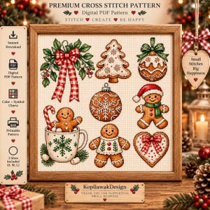 May include: A digital cross stitch pattern featuring Christmas motifs including a gingerbread man in a mug, a tree, ornaments, and a heart. The text reads Premium Cross Stitch Pattern, Digital PDF Pattern, Stitch Create Be Happy, and KopiluwakDesign.