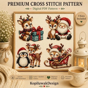 Op de afbeelding: Een digitaal kruissteekpatroon met vier feestelijke scènes: een rendier met een cadeau, een rendier met de Kerstman, een pinguïn met een rendier en een rendier in een slee. De tekst luidt PREMIUM CROSS STITCH PATTERN, Digital PDF Pattern, 3 Sizes Included, Instant PDF Download, Color + Symbol Charts, Beginner Friendly, Printable Pattern en KopiluwakDesign.