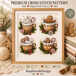May include: A digital cross stitch pattern titled Premium Cross Stitch Pattern featuring four mugs with holiday themes including gingerbread, candy canes, and whipped cream. The design includes text such as Digital PDF Pattern, 3 Sizes Included, and KopiluwakDesign. The pattern is displayed in a wooden frame.