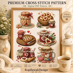 Può includere: Uno schema digitale a punto croce intitolato Premium Cross Stitch Pattern con sei illustrazioni di biscotti a forma di cuore e barattoli di marmellata. Il design include vari prodotti da forno, coperchi a quadretti e motivi a cuore.
